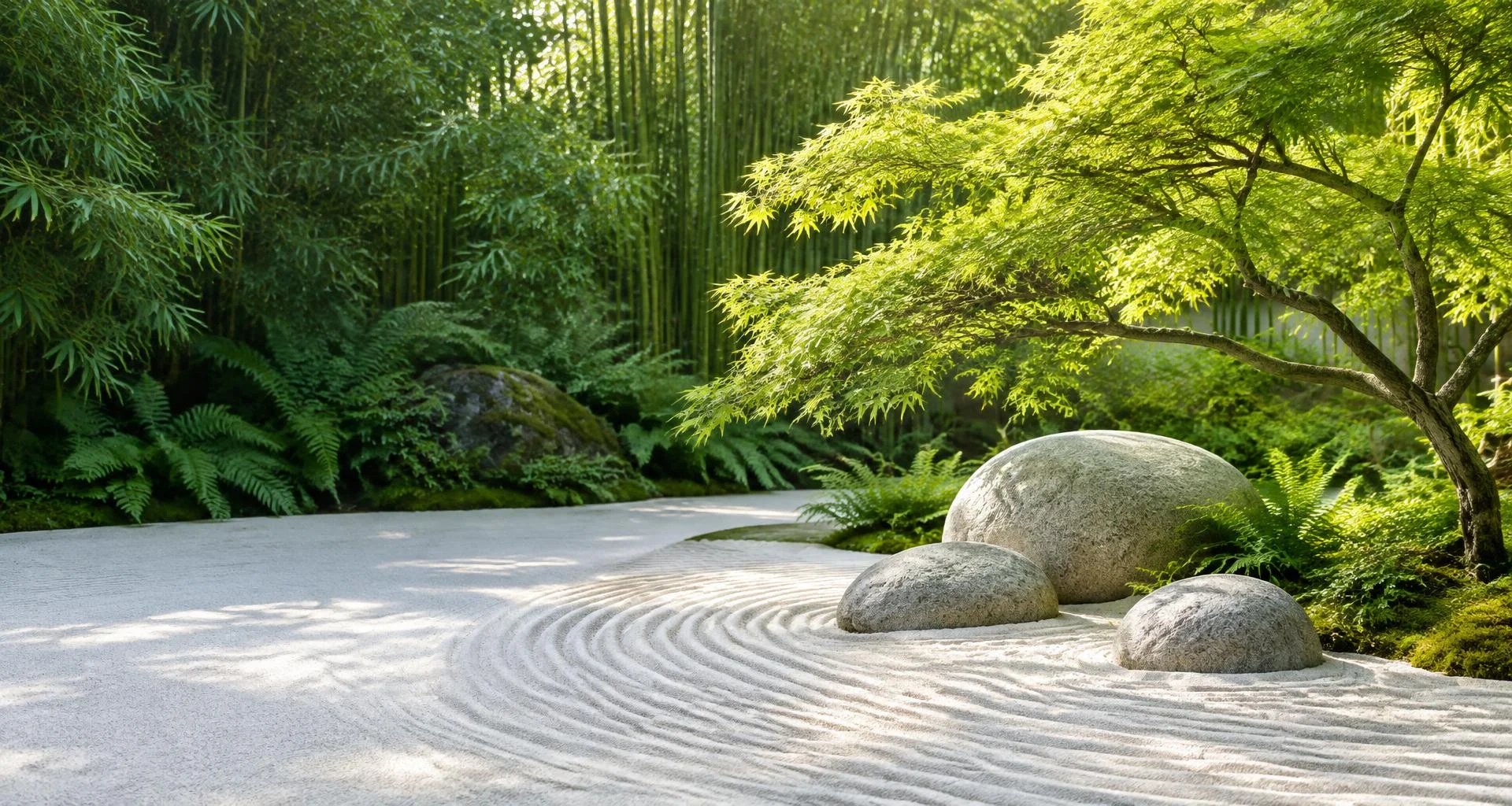 Jardim zen com areia rastelada, pedras e folhagem verde